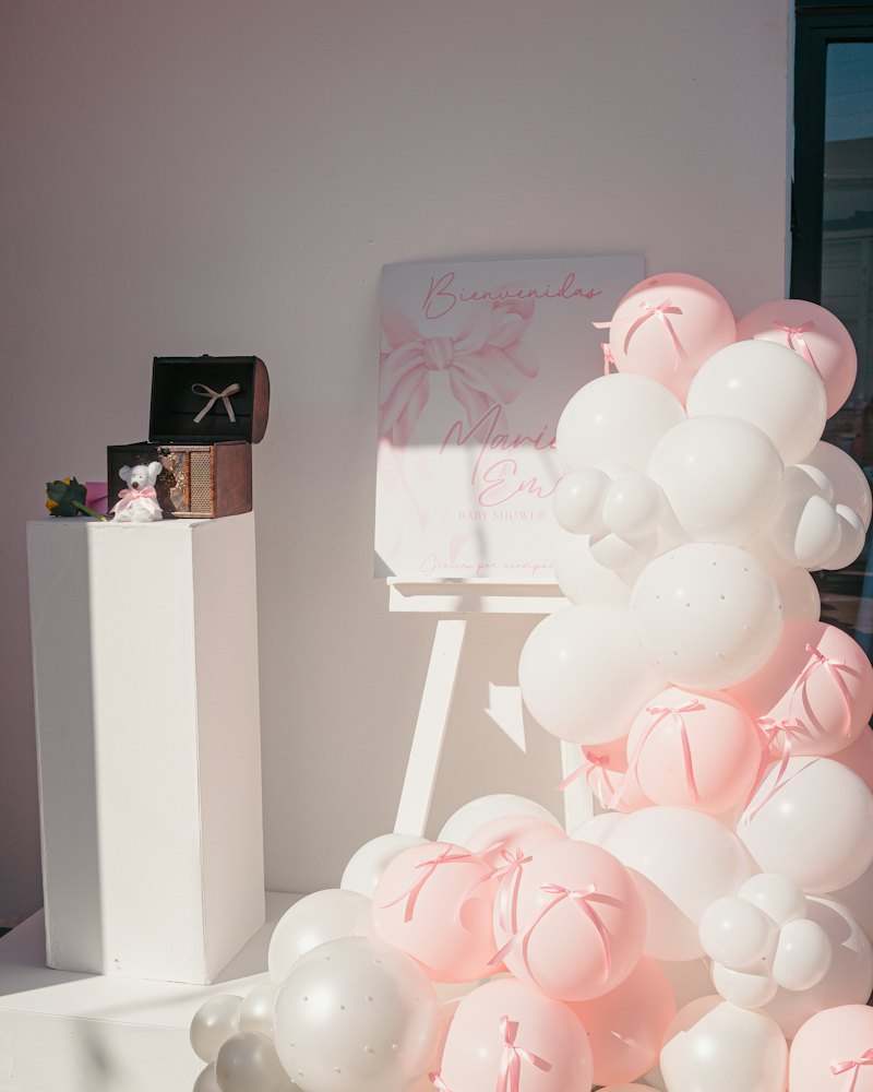 Blush and white balloon column with welcome sign